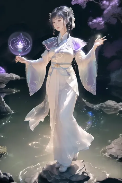 a regal korean enchantress, (songstyle,hanfu,full body:1), summoning a fireball, runes, glowing symbols, magic spell, (Josephine Wall:0.9), highly detailed, geodes, light flowing in and out of her body, flowing glowing water, iridescent, bioluminescent, (blackbody emmittance 120%), (365nm ultraviolet wavelength ambient light), (phosphorescent fabric:1.2), (chromatic aberation:1.1), (f-stop 1.9:1.2), (Global illumination ambient occlusion:1.1), (light caustics:1.2), (ray-traced:1.1), (emissivity vapors:1.1), (subsurface scattering:1.2) <lora:hanfu_v28:1>