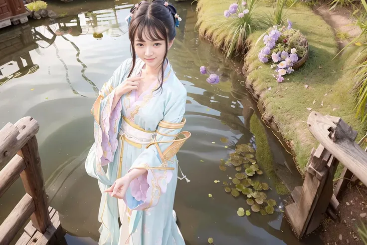 (4k, best quality), (realistic, photo-realistic),1girl , (perfect hand),
beautiful detailed eyes,(looking at viewer),
(remu_hayami),(smile),
<lora:remu_hayami_v10:0.45>,<lora:hanfu_v29:0.7>,
(ming style,hanfu:1.2),
perfect skin,slender legs,
<lora:3loraGuofeng3Lora_v32LoraBigLight:0.56>,grass,river,bridge,(sunny),cloudy sky,