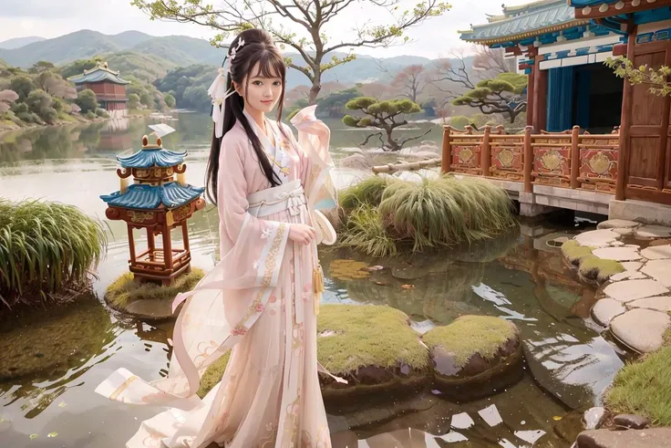 (4k, best quality), (realistic, photo-realistic),1girl , (perfect hand),
beautiful detailed eyes,(looking at viewer),
(remu_hayami),(smile),
<lora:remu_hayami_v10:0.45>,<lora:hanfu_v29:0.7>,
(ming style,hanfu:1.2),
perfect skin,slender legs,
<lora:3loraGuofeng3Lora_v32LoraBigLight:0.56>,grass,river,bamboo forest,(sunny),cloudy sky,