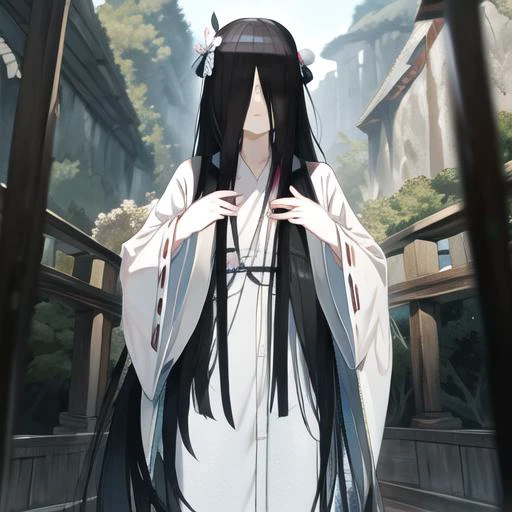 ((masterpiece)),(best quality), <lora:Sadakobest:0.7>, sadako_yamamura, <lora:hanfu_v29:1> ,hanfu, cowboy shot,