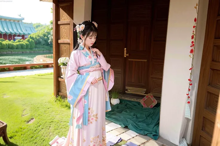 (4k, best quality), (realistic, photo-realistic),1girl,(full body), perfect hand,cute, dating, (nose blush), (closed mouth) small breasts, beautiful detailed eyes,
(looking at viewer),
<lora:japaneseDollLikeness_v10:0.32>,
<lora:hanfu_v29:0.7>,(tang style outfits, tang hanfu)