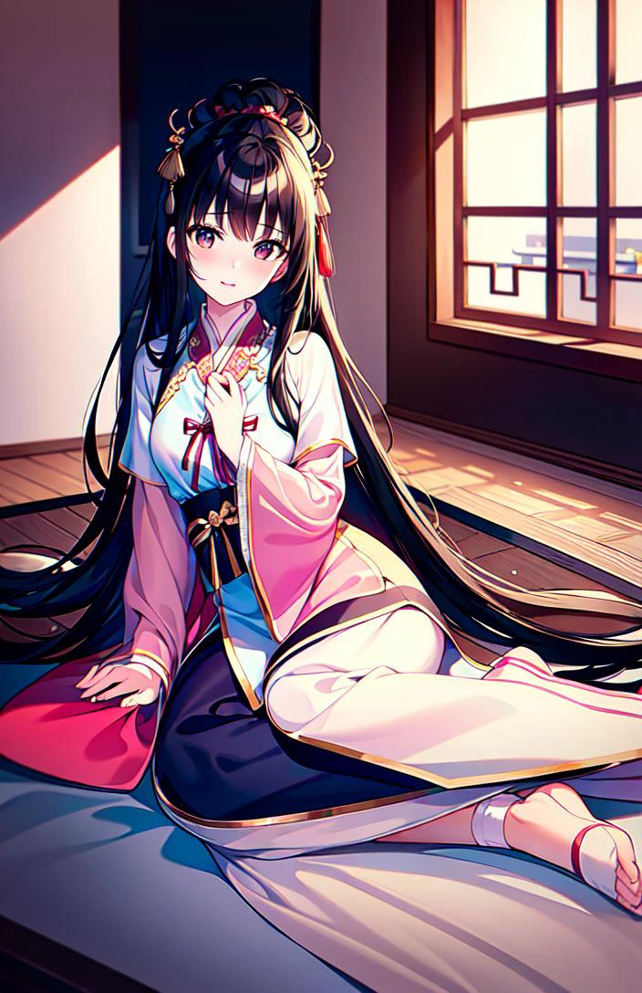 (masterpiece,8k wallpaper, best quality), (best illumination, best shadow, an extremely delicate and beautiful), indoors, 1girl, living room, puddle, tang style outfits, tang hanfu, under shan, chest ru skirt, hanfu, cute, dating, (nose blush), (closed mouth), wide-eyed, small breasts, beautiful detailed eyes, , ( full body:1.2), 1girl, black eyes, black hair, very long hair, Chandelier, cowboy shot, chinese style room, <lora:taiwanDollLikeness_v10:0.4>, <lora:hanfu_v29:0.64>, <lora:3db515:0.2>