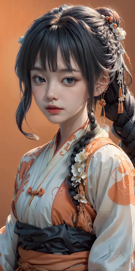 (fluorescent colors:1.4),(translucent:1.4),(retro filters:1.4), (fantasy:1.4), (orange background:1.4),
(1girl wearing (orange white hanfu:1.4), tang style, blunt bangs, black hair, braid),
(portrait:1.6), looking at viewer,
(masterpiece, 8k uhd, HDR, extreme detailed, intricate details, best quality, professional, vivid colors),
<lora:OC:0.5>, <lora:hanfuTang31:0.5>
