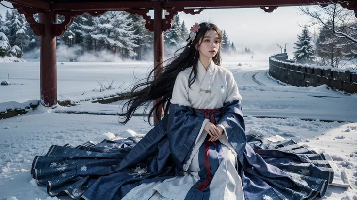 dark background,night,ancient background,Ancient, Warring States,Dispute,ancient china style,A girl stands in front of the main hall gate in the snow with melancholy eyes,(1girl),dress,long skirt,(solo:1.4),(long floating hair), jewelry in hair, extremely detailed, streamer,(floating ribbon:1.2), wind,china landscape, fantastic, spectacular, (fog:1.4),(snowing:1.4),sorrow,snow,martial arts, tragedy,heavy snow,look into the distance,
photorealistic,realistic,photograph,8k raw photo,ebst quality,ultra high res,masterpiece,official art,ultra detailed, beautiful and aesthetic, masterpiece, best quality,