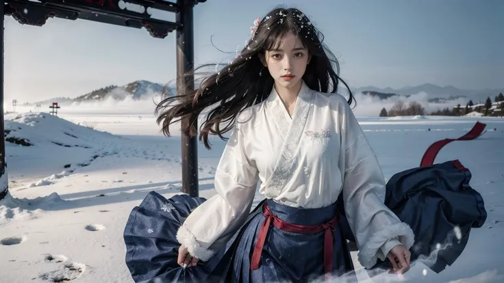 dark background,night,ancient background,Ancient, Warring States,Dispute,ancient china style,A girl stands in front of the main hall gate in the snow with melancholy eyes,(1girl),dress,long skirt,(solo:1.4),(long floating hair), jewelry in hair, extremely detailed, streamer,(floating ribbon:1.2), wind,china landscape, fantastic, spectacular, (fog:1.4),(snowing:1.4),sorrow,snow,martial arts, tragedy,heavy snow,look into the distance,
photorealistic,realistic,photograph,8k raw photo,ebst quality,ultra high res,masterpiece,official art,ultra detailed, beautiful and aesthetic, masterpiece, best quality,