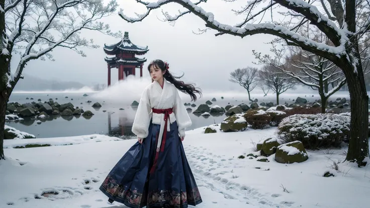 dark background,night,ancient background,Ancient, Warring States,Dispute,ancient china style,A girl stands in front of the main hall gate in the snow with melancholy eyes,(1girl),dress,long skirt,(solo:1.4),(long floating hair), jewelry in hair, extremely detailed, streamer,(floating ribbon:1.2), wind,china landscape, fantastic, spectacular, (fog:1.4),(snowing:1.4),sorrow,snow,martial arts, tragedy,heavy snow,look into the distance,
photorealistic,realistic,photograph,8k raw photo,ebst quality,ultra high res,masterpiece,official art,ultra detailed, beautiful and aesthetic, masterpiece, best quality,