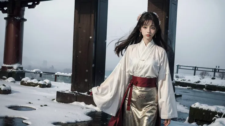 dark sky,feature article,ancient background,Ancient, Warring States,Dispute,ancient china style,A girl stands in front of the main hall gate in the snow with melancholy eyes,(1girl),dress,skirt, long skirt,((holding a long sword)),(solo:1.4),(long floating hair), jewelry in hair, extremely detailed, streamer, dancing, (floating ribbon:1.2), wind,china landscape, fantastic, spectacular, (fog:1.4),(snowing:1.4),sorrow,snow,martial arts, swordsman,heavy snow,look into the distance,
photorealistic,realistic,photograph,8k raw photo,ebst quality,ultra high res,masterpiece,official art,ultra detailed, beautiful and aesthetic, masterpiece, best quality,