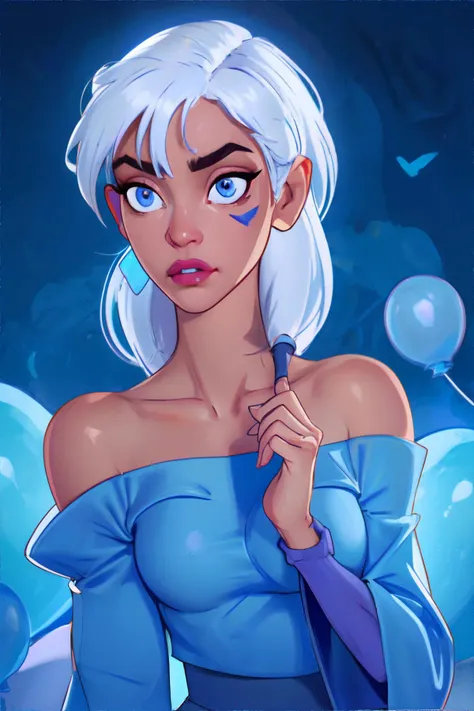 <lora:kida_atlantis:0.5> Kida wearing blue Cropped off-the-shoulder sweater with balloon sleeves., white hair, facial mark || masterpiece, 8k, high resolution, shallow depth of field, sharp focus