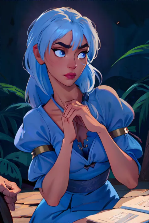 <lora:kida_atlantis:0.5> Kida wearing blue Puff-sleeve peasant blouse with a lace-up front., white hair, face mark || masterpiece, 8k, high resolution, shallow depth of field, sharp focus