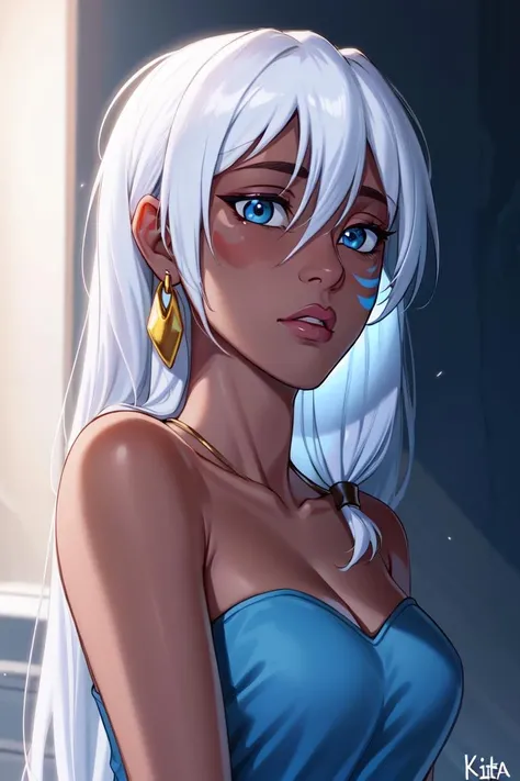 kida, long hair, dark skin, 1girl, solo, dark-skinned female, white hair, blue eyes, jewelry, earrings, bare shoulders, facial mark  <lora:kida:0.55>