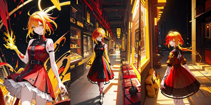 (otherworldly, otherworldly atmosphere, otherworldly appearance), masterpiece, top quality, best quality, highres, 4k, 8k, RAW photo, <lora:PillowWorld:1>, (PillowWorld:1.2) 1woman (red and yellow hair:1.6) (punk tattoo, dress:1.3) walking in the (white light cyber city:1.2), (fantasy world)