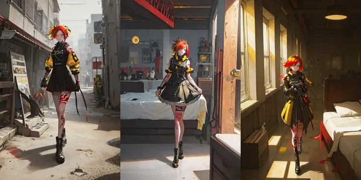 (otherworldly, otherworldly atmosphere, otherworldly appearance), masterpiece, top quality, best quality, highres, 4k, 8k, RAW photo, <lora:PillowWorld:1>, (PillowWorld:1.2) 1woman (red and yellow hair:1.6) (punk tattoo,  dress:1.3) walking in the (white light cyber city:1.2), (fantasy world)