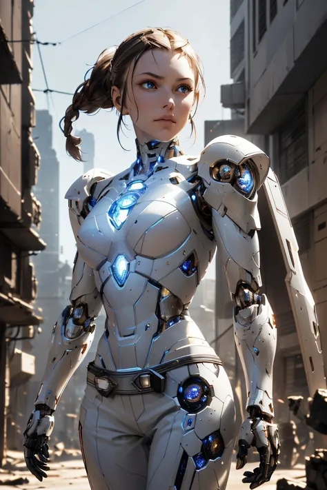 robot, armor, <lora:cyborgheadA:1.1>, fantasy, (fantasy art),  woman, female, Fighter, dark grey Viking Linen Trousers, dark grey medieval shirt, (armor), bracer, (metal breastplate), armored legs, armored body,, belt, large leather (boots:1.1), cloak, medieval trousers, european clothes , quad braids, fantasy, fantasy art, ponytail, brown hair, 
large white weathered granitestone,
 midnight, 
robot, medium shot photo of cyborg wearing scratched and tarnished futuristic armor in a destroyed futuristic city, android head, fantasy, sci-fi, beautiful feminine face, seductive, mist, vivid alluring eyes, best quality masterpiece, photorealistic, detailed, 8k, HDR, shallow depth of field, broad light, high contrast, backlighting, bloom, light sparkles, chromatic aberration, sharp focus, RAW color photo, (belt:1.2), cyberpunk, mechanical parts, glowing lights