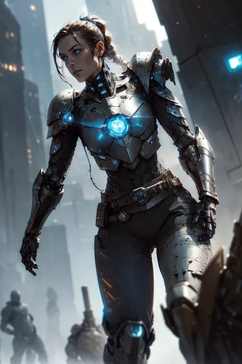 robot, armor, <lora:cyborgheadA:1.1>, fantasy, (fantasy art), woman, female, Fighter, dark grey Viking Linen Trousers, dark grey medieval shirt, (armor), bracer, (metal breastplate), armored legs, armored body,, belt, large leather (boots:1.1), cloak, medieval trousers, european clothes , quad braids, fantasy, fantasy art, ponytail, brown hair,
large white weathered granitestone,
midnight,
robot, medium shot photo of cyborg wearing scratched and tarnished futuristic armor in a destroyed futuristic city, android head, fantasy, sci-fi, beautiful feminine face, seductive, mist, vivid alluring eyes, best quality masterpiece, photorealistic, detailed, 8k, HDR, shallow depth of field, broad light, high contrast, backlighting, bloom, light sparkles, chromatic aberration, sharp focus, RAW color photo, (belt:1.2), cyberpunk, mechanical parts, glowing lights