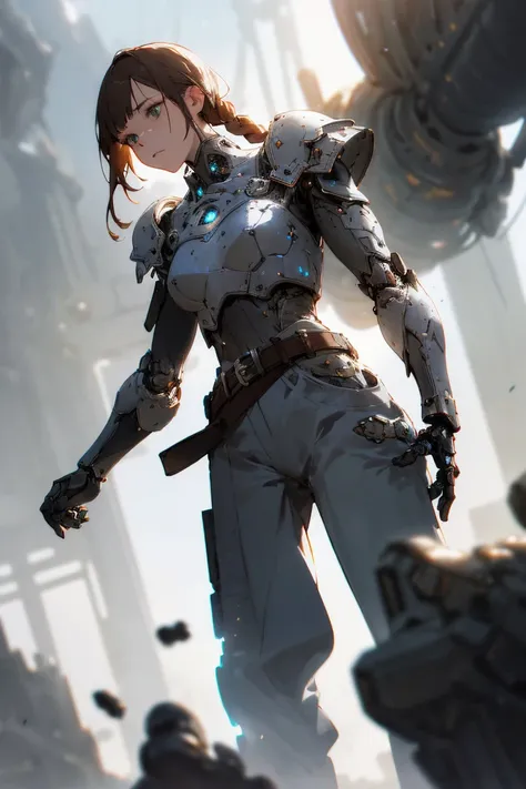 robot, armor, <lora:cyborgheadA:1.1>, fantasy, (fantasy art), woman, female, Fighter, dark grey Viking Linen Trousers, dark grey medieval shirt, (armor), bracer, (metal breastplate), armored legs, armored body,, belt, large leather (boots:1.1), cloak, medieval trousers, european clothes , quad braids, fantasy, fantasy art, ponytail, brown hair,
large white weathered granitestone,
midnight,
robot, medium shot photo of cyborg wearing scratched and tarnished futuristic armor in a destroyed futuristic city, android head, fantasy, sci-fi, beautiful feminine face, seductive, mist, vivid alluring eyes, best quality masterpiece, photorealistic, detailed, 8k, HDR, shallow depth of field, broad light, high contrast, backlighting, bloom, light sparkles, chromatic aberration, sharp focus, RAW color photo, (belt:1.2), cyberpunk, mechanical parts, glowing lights