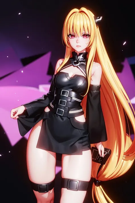 <lora:Rushzilla_Style:0.7>, (slim, skinny:1), ((masterpiece,best quality)), , (finely detailed beautiful eyes: 1.2), phyami, yaminor, 1girl, solo, blonde hair, long hair, red eyes, thigh strap, very long hair, detached sleeves, black dress, <lora:yami-v1:1.0>,contrapposto