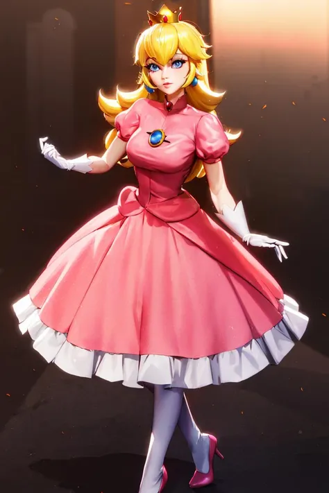 <lora:Rushzilla_Style:0.6>, (slim, skinny:1), (masterpiece, best quality), 1girl,    <lora:princesspeach-lora-nochekaiser:1> princess peach, blonde hair, blue eyes, long hair, crown, dress, gem, gloves, pink dress, puffy short sleeves, puffy sleeves, short sleeves, white gloves,