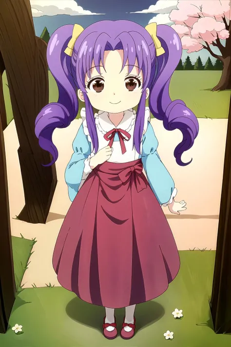 masterpiece, 1girl, okiku, purple hair, brown eyes, dress, smile, minigirl, tiny, doll, standing, outside, sky, clouds, shrine, trees, shrine, wind, leaves, cherry blossoms
