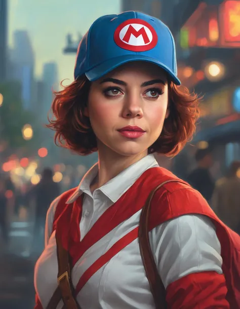 Portrait of  (ohwx woman)  <lora:aubrey_lora_sdxl_v1-000008:1>  as super Mario, red hat, fantasy, highly detailed, digital painting, artstation, concept art, sharp focus, illustration, art by Tony Sart and artgerm and randy vargas
