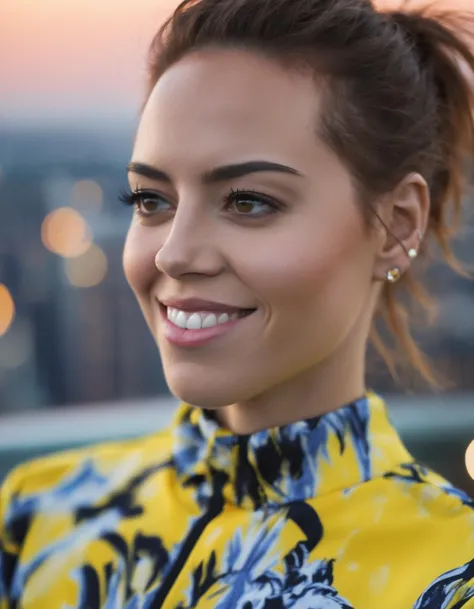 face closeup portrait of fit  (ohwx woman)  <lora:aubrey_lora_sdxl_v1-000008:1>  a businessman on a new york  skyscraper roof (at night:1.1) wearing a fashion Armani suit, depth of field, zeiss lens, 105mm F2.0, fashion shooting, fashion clean cut,Sony a7R, cinematic lighting, city lights, in style of Everett Raymond Kinstler