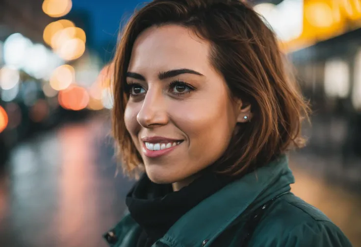 professional close-up portrait photography of a beautiful ((ohwx woman)) <lora:aubrey_lora_sdxl_v1-000008:1> in the city at night, Nikon Z9, bokeh