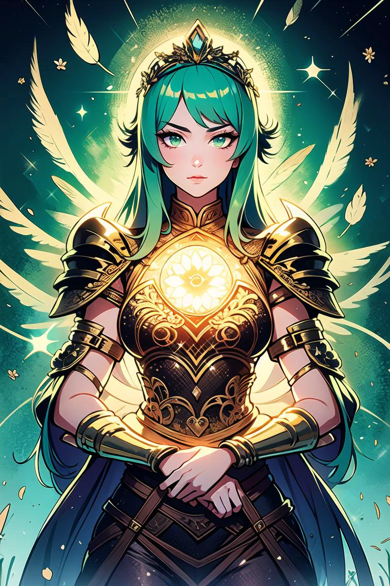 woman, <lora:ShinyDustSparkle:0.35>, ambrosia Masterpiece volumetric lighting light particles, Beautiful (woman:1.2) (mature female:1.3), teal eyes, teal hair, bangs, will-o'-the-wisp \(mythology\), feathers, tiara, beads, necklaces, arrow, ambience synesthesia, armor, ouroboros, oro, orange sunshine, Quetzalcoatl, ((green|red):1.3), serpent, ( \(flower\):1.3),