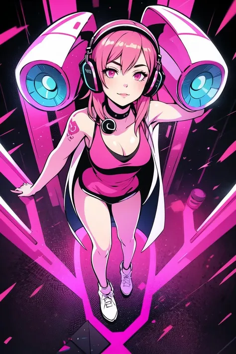 1girl solo breasts pink theme vampire headphones barcode tattoo full body from above dj glowing black background