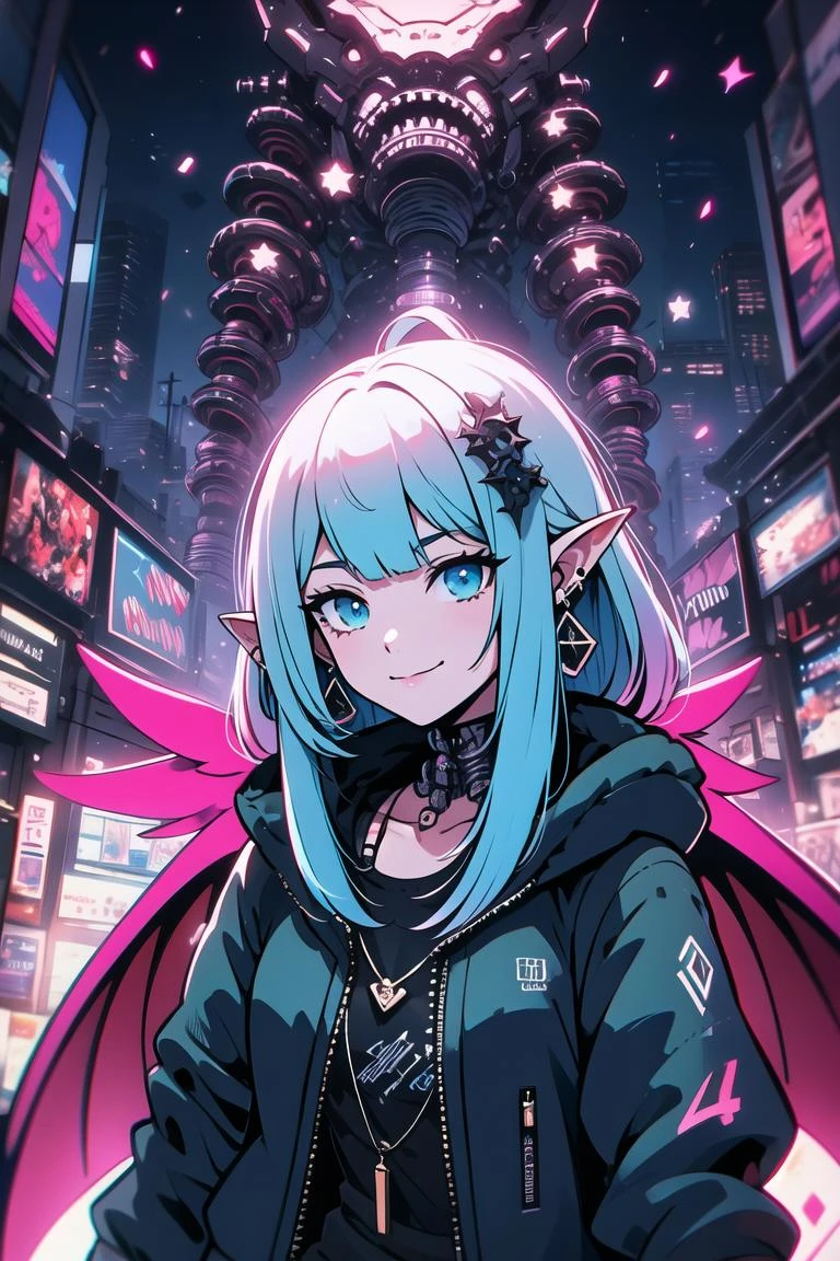 [green|yellow|pink] Beautiful adult woman, mature , half shot,  splatter, solo, smile, blue eyes, gradient hair, jewelry, upper body, woman, female focus, earrings, pointy ears, necklace, chromatic aberration,  abstract 1998 hiphop, attractive, stylish, designer, pink, asymmetrical, building, graffiti, cyberpunk, futuristic, street wear, (dark cyan|red|blurple), sacred geometry, ((fantasy)), fireflies,  <lyco:Slingshot_V_Conv2D:0.70> color one-piece swimsuit slingshot swimsuit  <lora:Gothpunk_V2:0.5> goth_punk, (wings:1.3), (biomechanical:1.3) standing over viewer, (particle  dispersion:1.3), High quality, Ultra high definition, 8k, hdr, masterpiece, volumetric lighting, Beautiful, forest, water, stars, foggy, fireflies, (((night,dark scene, dim lit))), highres,