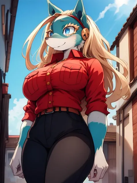 RAW photo, (high detailed skin, detailed eyes:1.1), intricate details, best quality, 8k uhd, 1girl, solo, furry, ippanjosei, large breasts, two-tone fur, red shirt, collared shirt, black pants, standing, wide hips, blue eyes, shirt tucked in, light smile, <lora:ippanjosei:1>