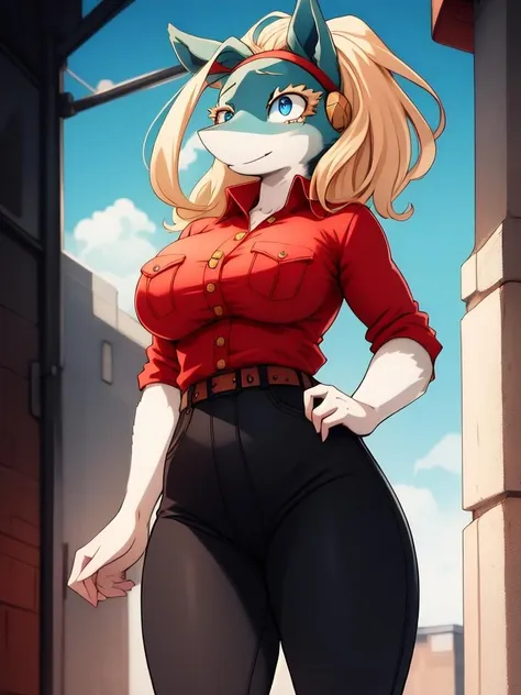 RAW photo, (high detailed skin, detailed eyes:1.1), intricate details, best quality, 8k uhd, 1girl, solo, furry, ippanjosei, large breasts, two-tone fur, red shirt, collared shirt, black pants, standing, wide hips, blue eyes, shirt tucked in, light smile, <lora:ippanjosei:1>