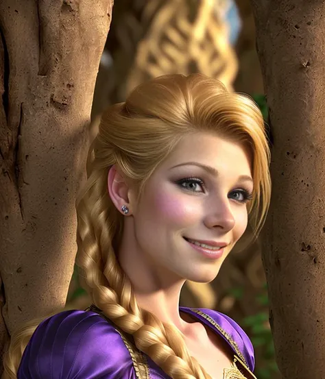 portrait of Ann4z1 as a real life version of (Rapunzel from Tangled:1.28), open office fantasy background, charming smirking, by Ted Nasmith and Toei Animations ultra realistic highly detailed intricate photorealistic analog style photograph sharp focus on eyes, cinematic lighting