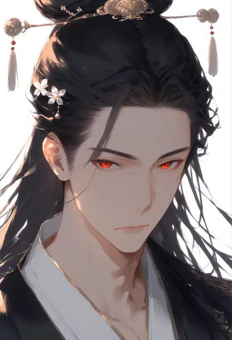 score_9, score_8_up, score_7_up, score_6_up, score_5_up, score_4_up,  <lora:foe v0.5:1>,  solo, long hair, looking at viewer, simple background, black hair, hair ornament, white background, 1boy, red eyes, closed mouth, upper body, male focus, hair bun, chinese clothes, single hair bun, hanfu