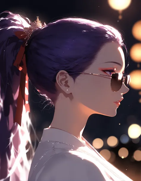 score_9, score_8_up, score_7_up, score_6_up, score_5_up, score_4_up, <lora:foe v0.5:1>, 1girl, solo, long hair, hair ornament, ribbon, purple eyes, purple hair, ponytail, parted lips, blurry, from side, blurry background, profile, makeup, depth of field, night, sunglasses, portrait,
