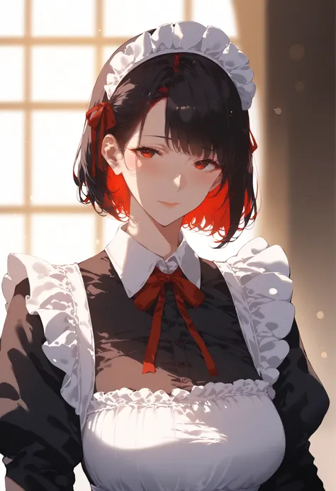 score_9, score_8_up, score_7_up, score_6_up, score_5_up, score_4_up, <lora:foe v0.5:1>, 1girl, solo, long hair, mature female, milf, red eyes, maid, maid headdress, apron, black hair, red ribbon, ribbon, looking at viewer, upper body, colored inner hair, red hair, multicolored hair, long sleeves, closed mouth, short hair, puffy sleeves, bangs, dress, maid apron, blush, neck ribbon, black dress, juliet sleeves, white apron, two-tone hair, collared dress, hair ribbon, frills, bob cut, light particles, frilled apron, blurry