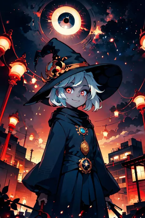 ((masterpiece,best quality)), absurdres, <lora:Occult_Oculi_Magic:0.8>,  OccultOculi red eyes, outdoors, sky, cloud, night, building, star (sky), night sky, scenery, starry sky, city, 1girl, witch hat, mage, staff, looking at viewer, cowboy shot, red eyes, smile, dark, lamppost,