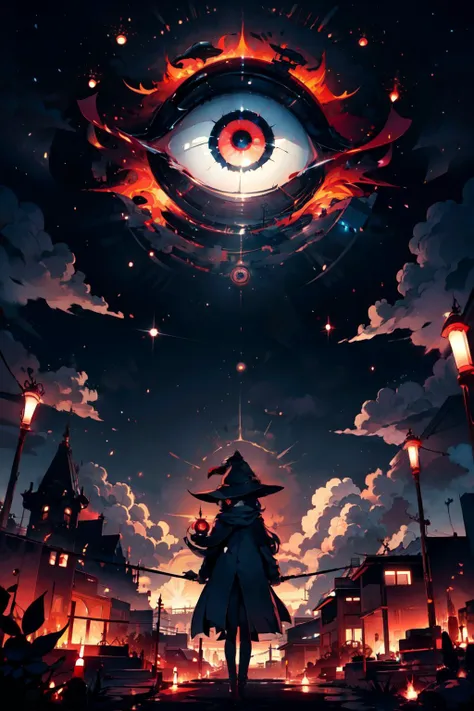 ((masterpiece,best quality)), absurdres, <lora:Occult_Oculi_Magic:0.8>,  OccultOculi red eyes, outdoors, sky, cloud, night, building, star (sky), night sky, scenery, starry sky, city, 1girl, witch hat, mage, staff, looking at viewer, dark, lamppost,