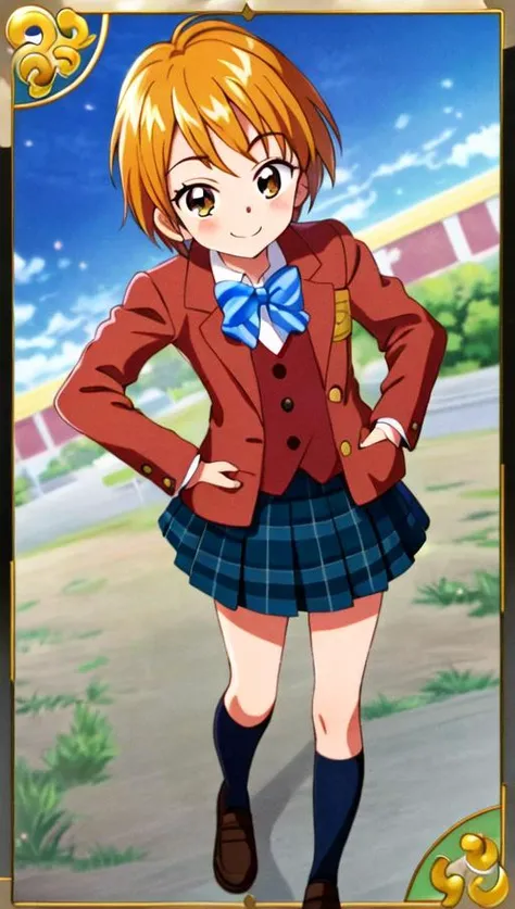 (masterpiece), best quality, highest quality, ((high detail:1.2)), (HDR), (cinematic light:1.1), highres, (fingers 5 fingers), (ultimate cute girl), 1girl, solo, (full body), blue sky, park, (misumi nagisa), (nagisaschool1), school uniform, pleated skirt, brown jacket, (kneehighs:1.2), loafers, smile, (Hands in pockets) , <lora:nagisa_misumi_v1:0.8>