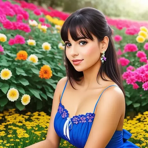 the professional photo,  <lora:SandraSoul:0.7> sitting among colorful flowers, portrait, sexy blue dress,