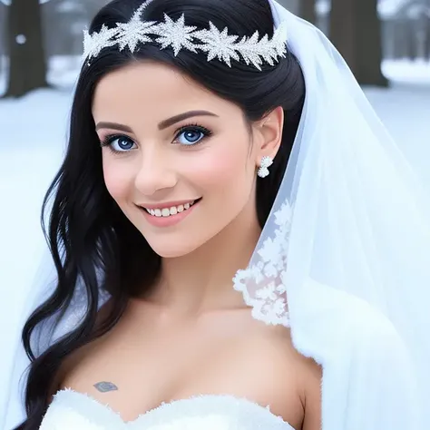 the professional photo, <lora:SandraSoul:0.7> winter fairy tale, wedding dress, close-up, mysterious smile,