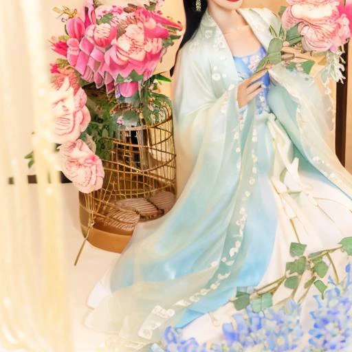 vase, branch, jewelry, red lips, floral print, sitting, mole, holding, closed mouth, black hair, cage, full body, blurry, head out of frame, lips, long sleeves, wide sleeves, bouquet, head out of frame, holding flower