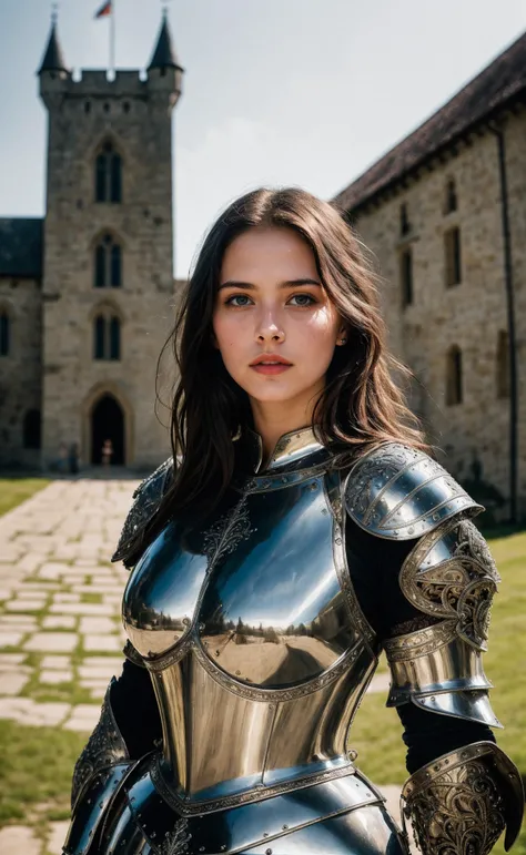 Art Teenage girl in black knight armor, the most  beautiful in the universe, stunning beauty, serious,  Official Art, ((((Black Hair)),  Beautiful symmetrical face, ponytail, In a medieval European castle on an autumn day, Fantasy, alone, alone, 8K, Provocative poses, Hyperrealism