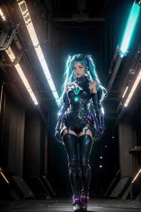 Cute girl with a full body of intricate details stands in a room lit with neon lights, sus dedos bailando sobre las teclas de un sintetizador, cuerpo perfecto, Cabello largo, Anime style, purple colors