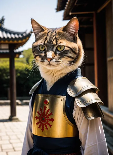 An ancient anthropomorphic cat samurai using an ancient samurai armor, photography, beautiful, bokeh temple background, colorful, masterpieces, top quality, best quality, official art, beautiful and aesthetic, realistic