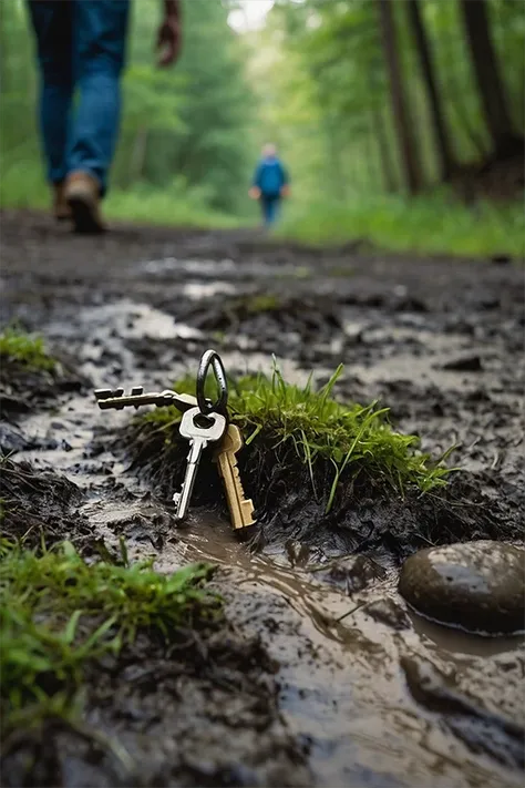(masterpiece:1.4), professional photo, close-up a lost keys in mud, forest path (grass, water), (people in background:1.2), dramatic, (natural light:1.2), amazing depth of field, shot on Lumix GH5 (cinematic bokeh , dynamic range, vibrant colors)