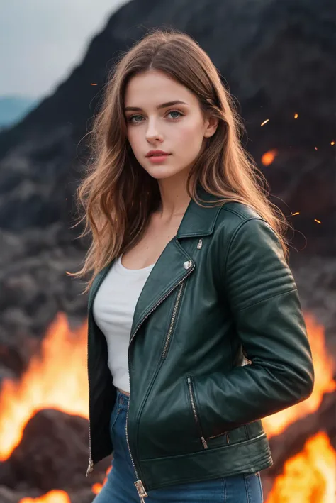 RAW photo, beautiful caucasian woman in front of a volcanic lavas, very near to lava, ashes flying in the air, burning hair, dark worn leather jacket and medieval clothes, black eyes, outside, (high detailed skin:1.2),8k uhd,dslr,soft lighting,high quality,film grain,Fujifilm XT3