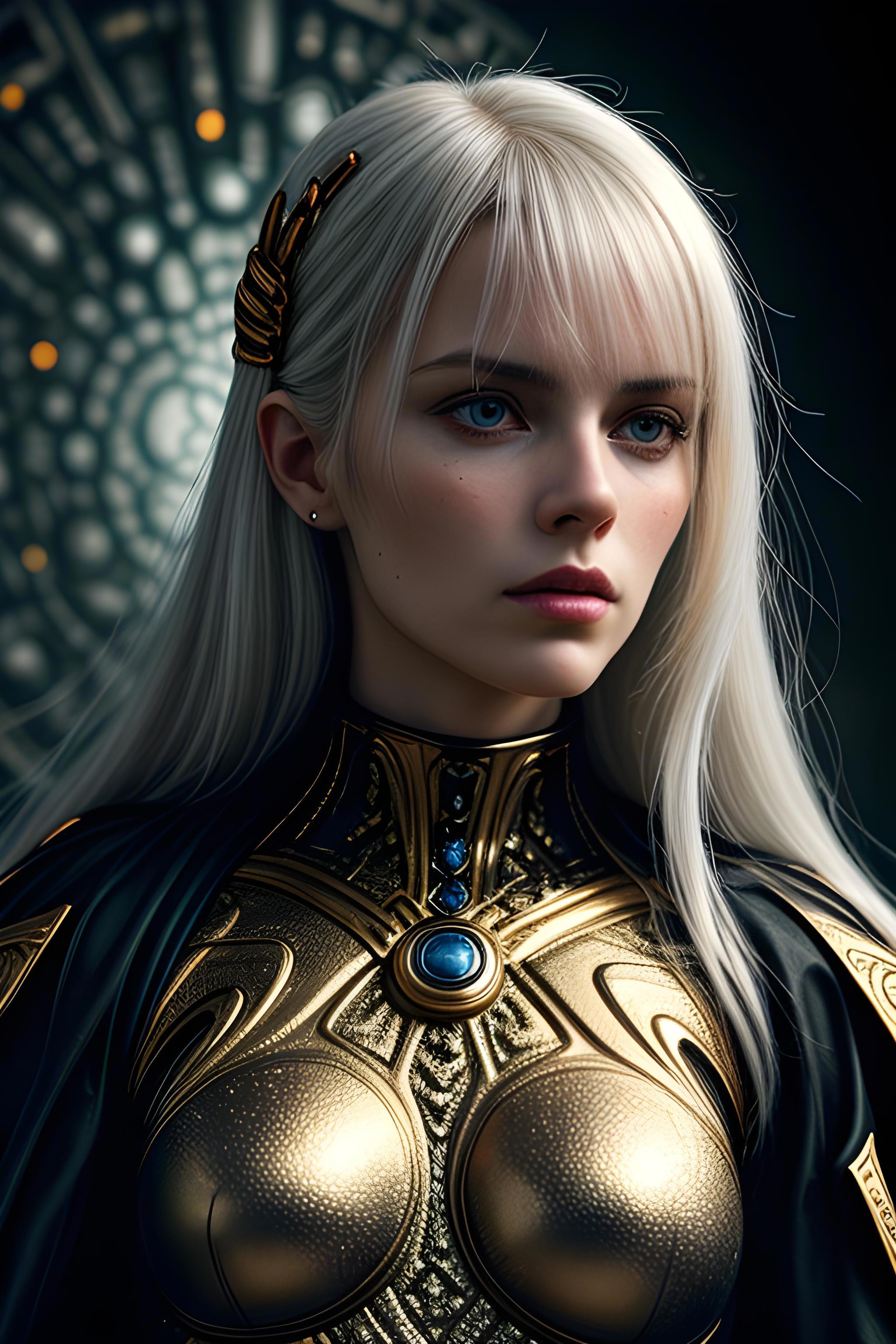 A close up of a woman with a gold costume and a blue necklace - SeaArt AI