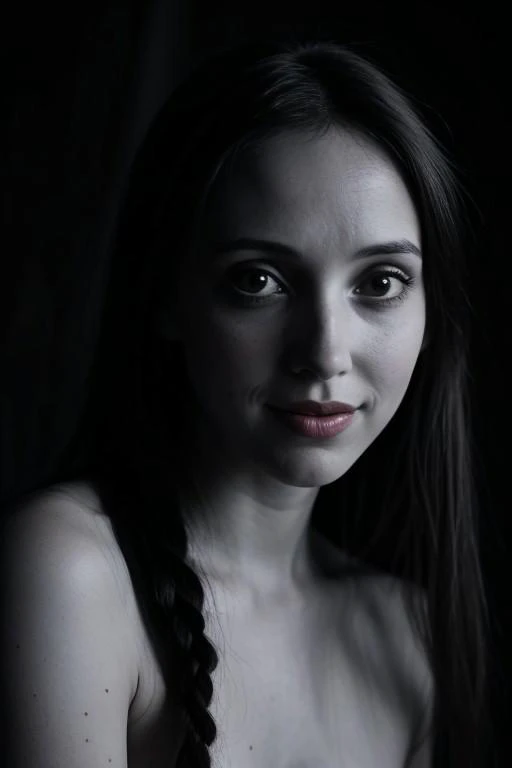 ((pitch black room)), ((pitch black background)), ((greyscale)), masterpiece, 8k, photorealistic, perfect face, highly detailed skin, closed mouth, beautiful woman, small natural propotions, (((pitch black very long thick braided hair))),(((very inspired by Shelley Duvall from the shining))), very shy and introverted but still very seductive in her shyness, nearly unreal incredible catching smile with the special something,
