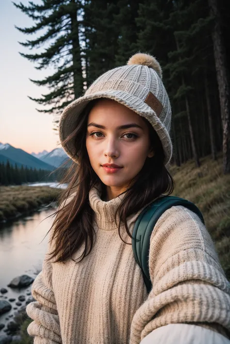 1 blonde woman ((upper body selfie, happy)), masterpiece, best quality, ultra-detailed, solo, outdoors, (night), mountains, nature, (stars, moon) cheerful, happy, backpack, sleeping bag, camping stove, water bottle, mountain boots, gloves, sweater, hat, flashlight, forest, rocks, river, wood, smoke, shadows, contrast, clear sky, analog style (look at viewer:1.2) (skin texture) (film grain:1.3), (warm hue, warm tone:1.2), close up, cinematic light, sidelighting, ultra high res, best shadow, RAW, upper body, wearing pullover