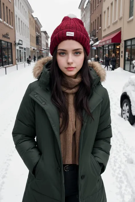 RAW photo, portrait photo of beautiful caucasian woman, posing at a town center in winter, winter, snow in the street, snow all over the clothes, black winter coat,red hat, black hair, dark green eyes, outside, (high detailed skin:1.2),8k uhd,dslr,soft lighting,high quality,film grain,Fujifilm XT3