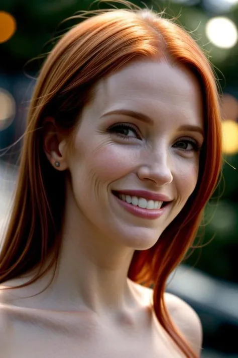 Portrait of Alicia Chastain smiling with bokeh background